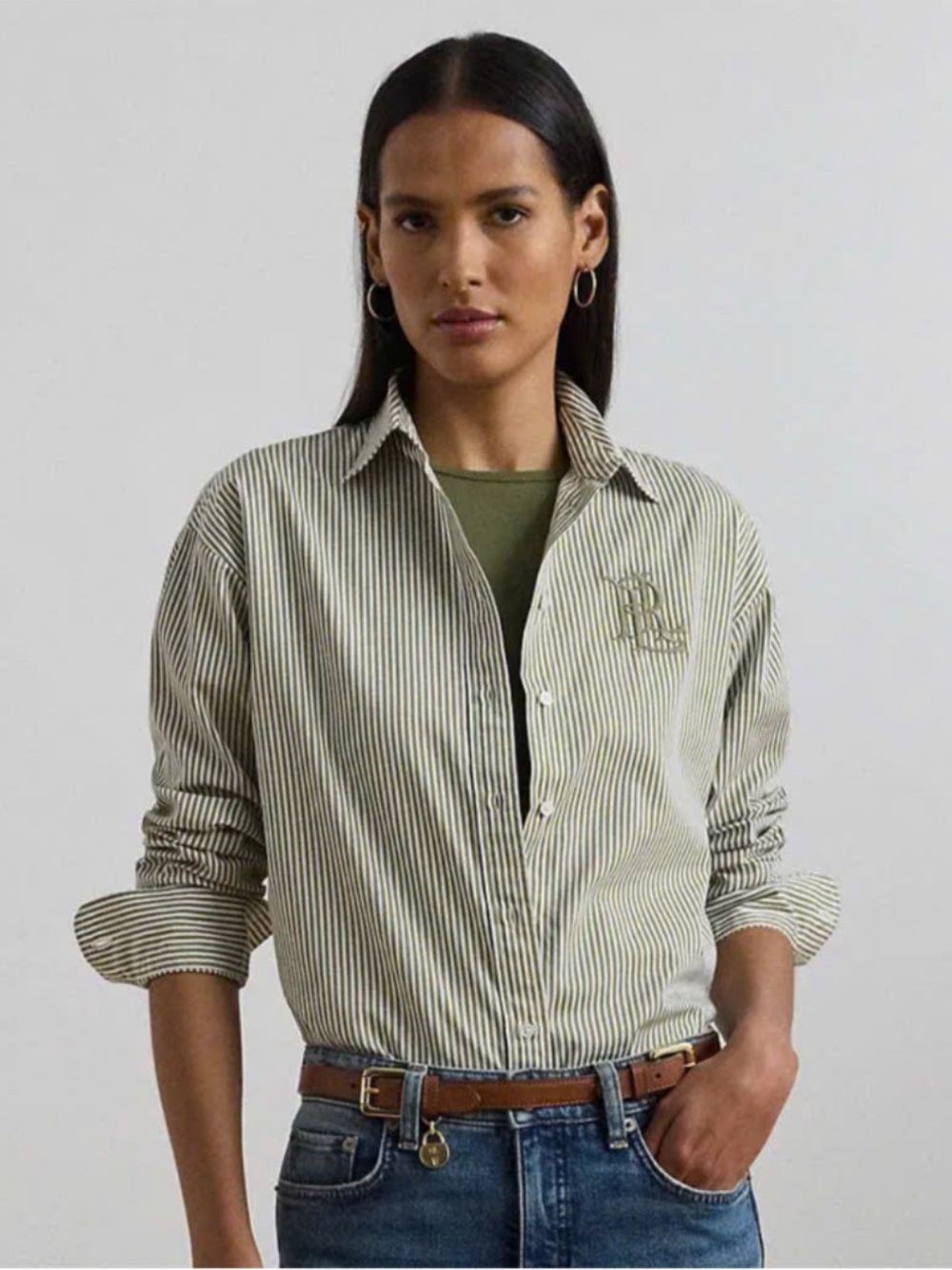 POLO RALPH LAUREN Grayish Green Relaxed Striped Broadcloth Shirt Size XS